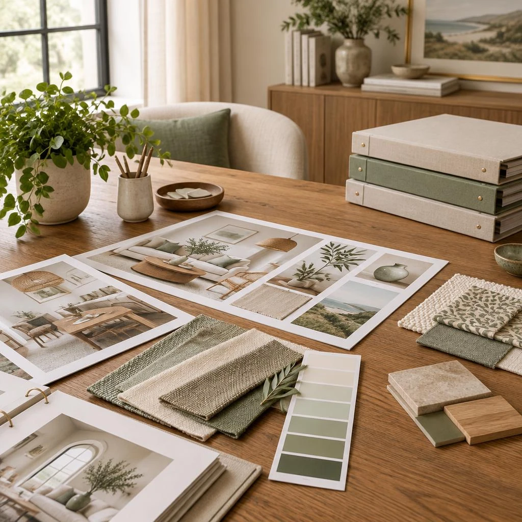 Interior design mood boards and fabric samples