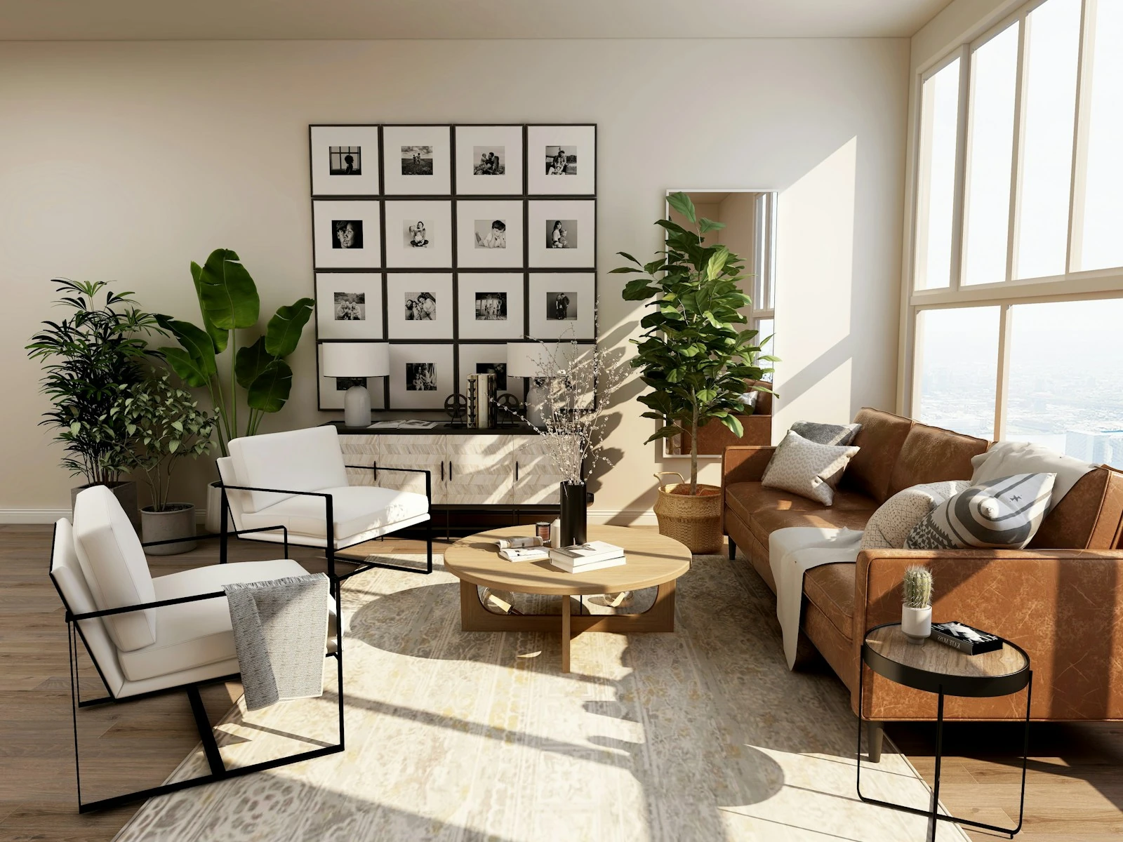A bright, thoughtfully styled living room with natural materials